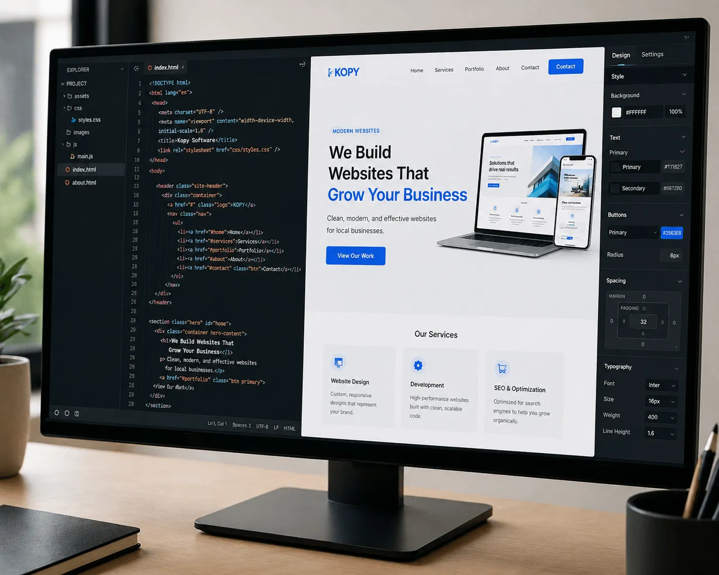 Monitor displaying a website design interface in a modern workspace