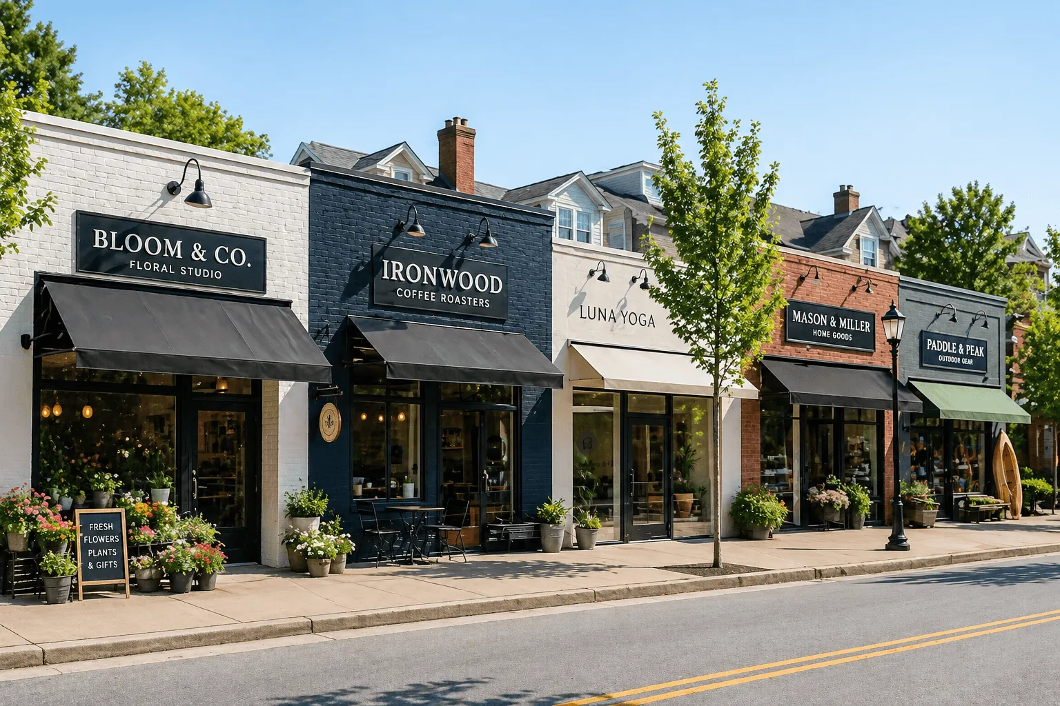 Row of clean local business storefronts on a residential street
