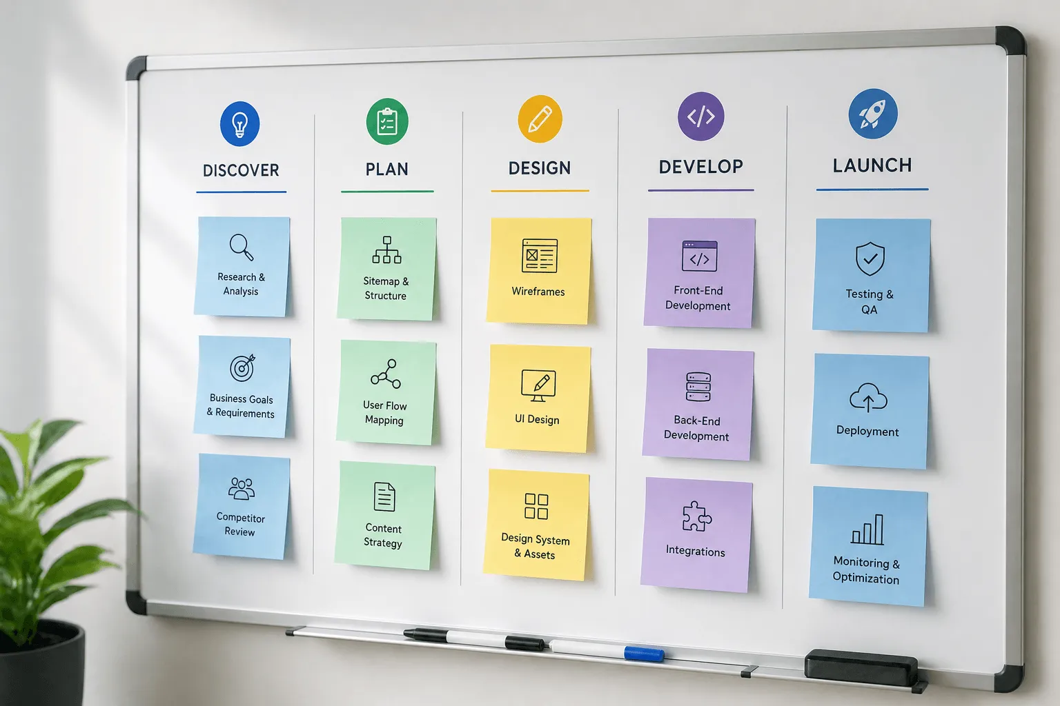 Organized project planning board with color-coded sticky notes