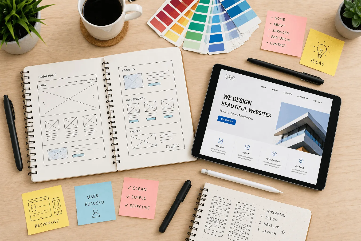 Flat-lay of web design tools including wireframe sketches and color swatches